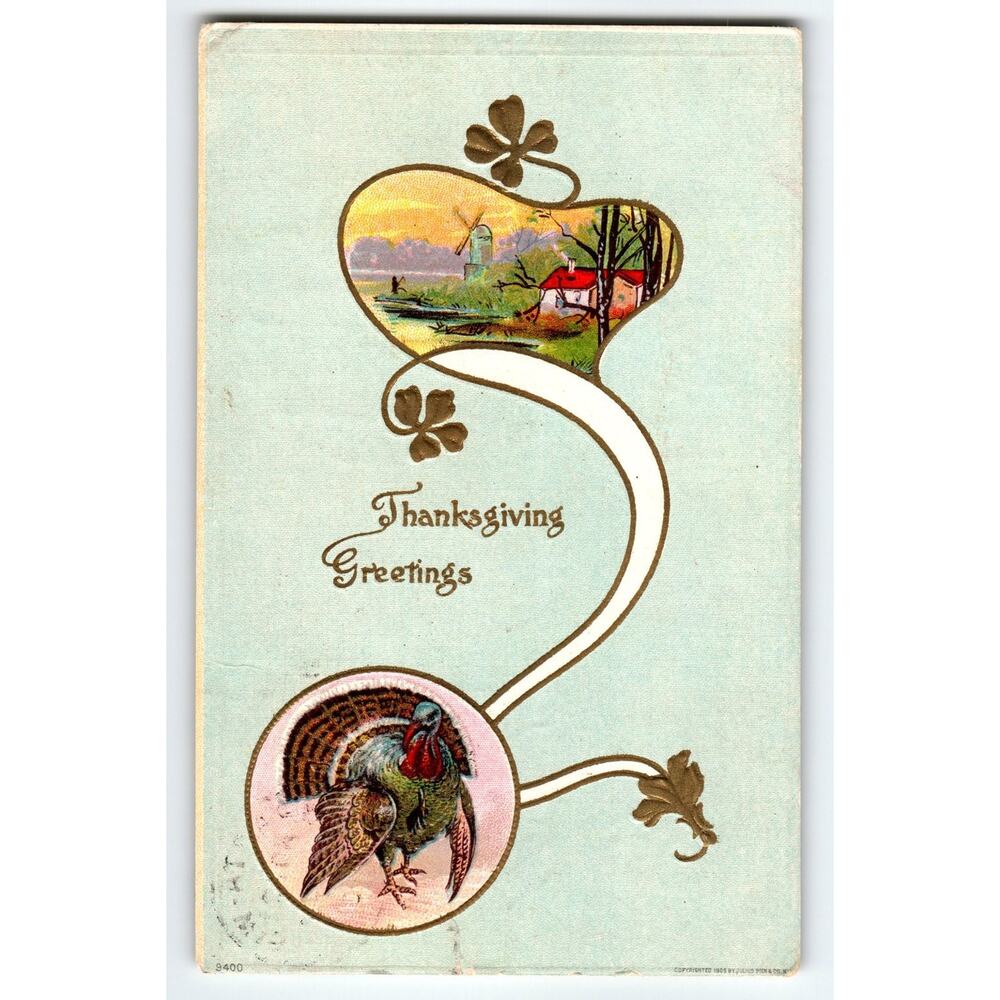 Vintage 1909 Thanksgiving Greetings Turkey & Scenic Lithograph Postcard